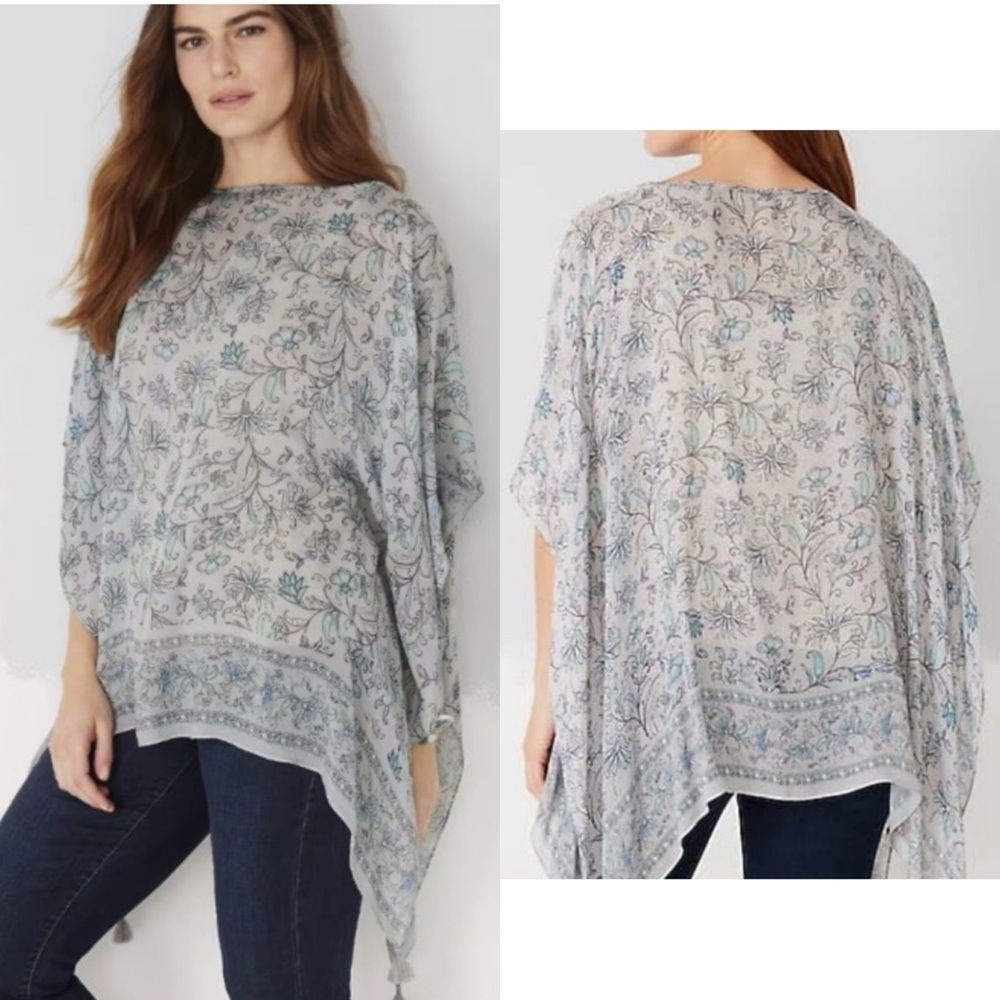 J. Jill Soft Floral Print Poncho S-L Flowy Lightweight Tassel Coastal Lagenlook